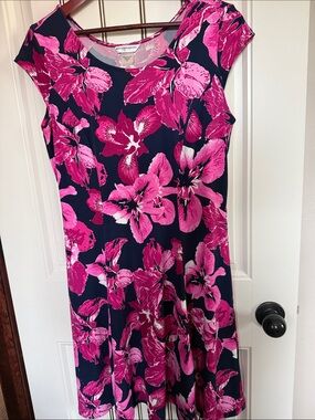 Super  Cute 8p Allison Dailey Navy Dress with Bright Pink Floral Print Dress.